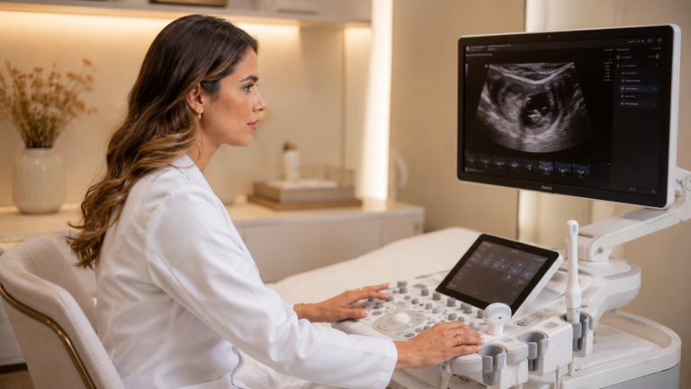 Médica operando equipamento de ultrassonografia