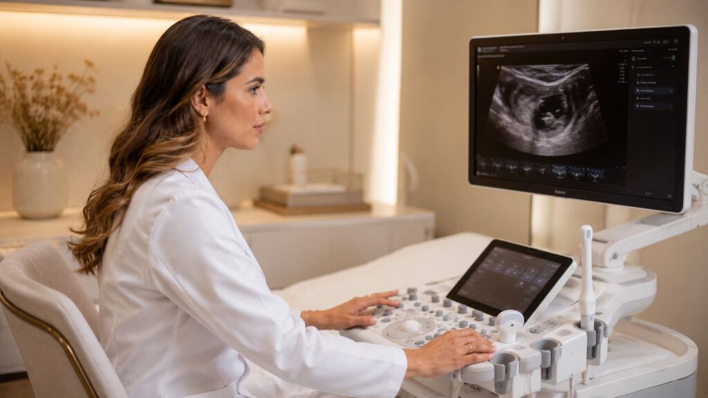 Médica trabalha em aparelho de ultrassonografia analisando exame de imagem